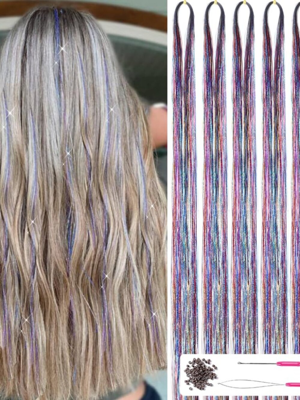 Rainbow Fairy Hair Tinsel Kit With Tools 47 Inch 1200 Strands Glitter Tinsel Hai